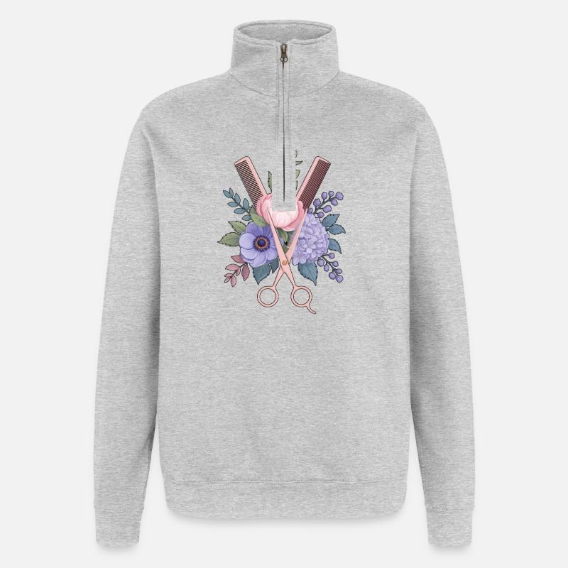 Coiffeur Ciseaux Peigne Fleurs - Sweat à zip 1/4 - gris chiné