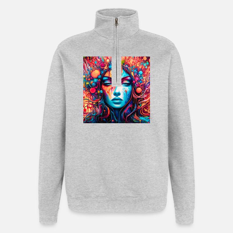Psychedelisches Märchen-Porträt - Quarter-Zip-Sweatshirt - Grau meliert