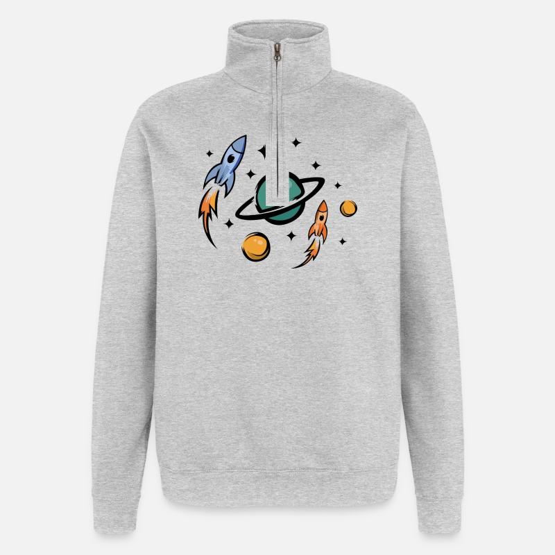 Retro Future Raketen & Planeten Collage - Quarter-Zip-Sweatshirt - Grau meliert