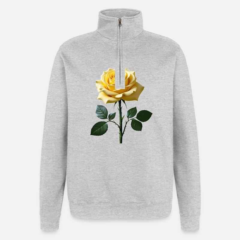 Rose jaune sur feuilles vertes - Sweat à zip 1/4 - gris chiné