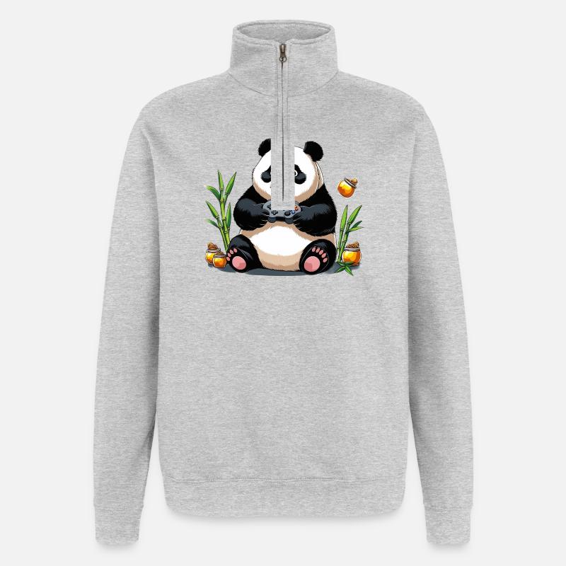 Chill Panda mit Gaming Controller - Quarter-Zip-Sweatshirt - Grau meliert