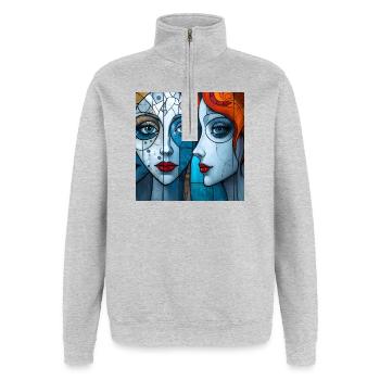 Portraits Émotifs en Art Mural Coloré - Sweat à zip 1/4 - gris chiné - Devant - AI Model Female 172 light (172cm) & AI Model Male 178 dark (178cm)
