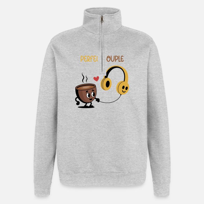 Kaffeetasse und Kopfhörer lieben Design - Quarter-Zip-Sweatshirt - Grau meliert