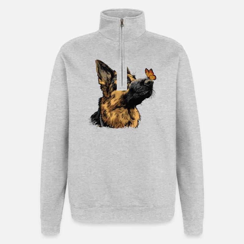 Deutscher Schäferhund und Schmetterling - Quarter-Zip-Sweatshirt - Grau meliert
