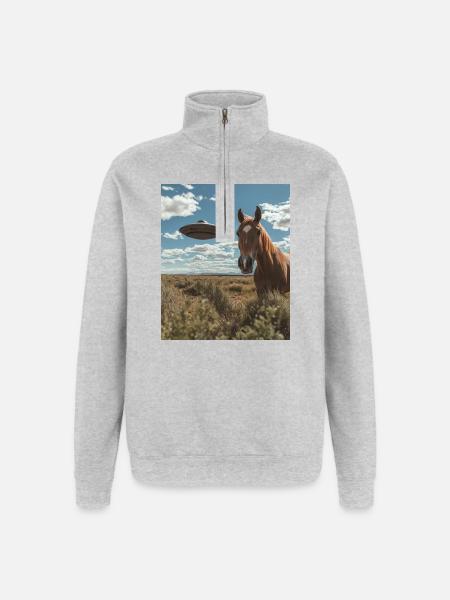 Pferd Selfie mit UFO - Quarter-Zip-Sweatshirt - Grau meliert