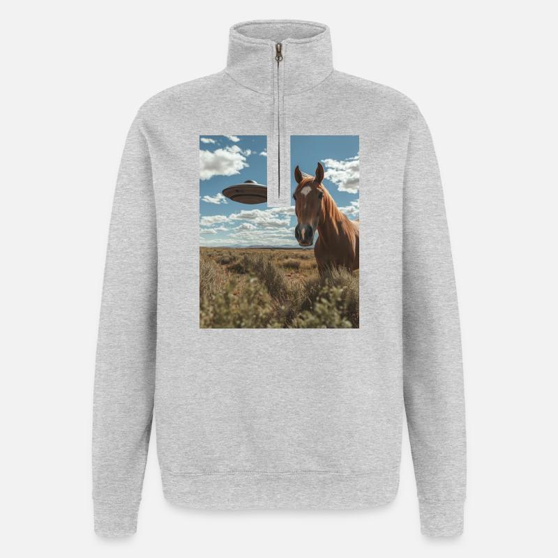 Pferd Selfie mit UFO - Quarter-Zip-Sweatshirt - Grau meliert