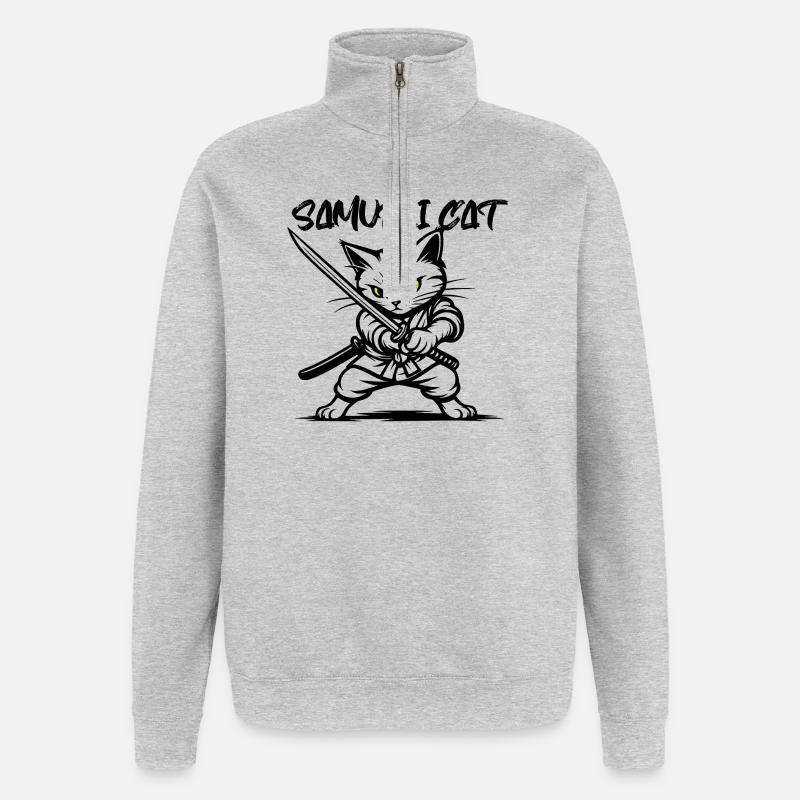 Chat samouraï - Sweat à zip 1/4 - gris chiné