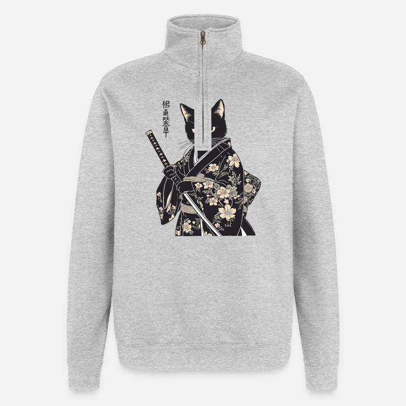 Samurai Cat – Modern Japanese Style - Quarter-Zip Sweatshirt - heather grey