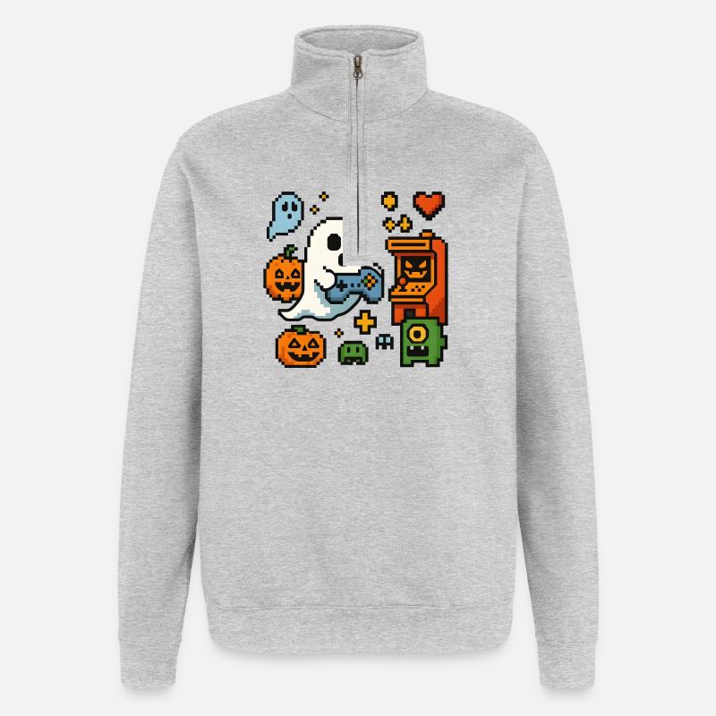 Pixel Ghost Gaming Retro Design - Quarter-Zip Sweatshirt - heather grey