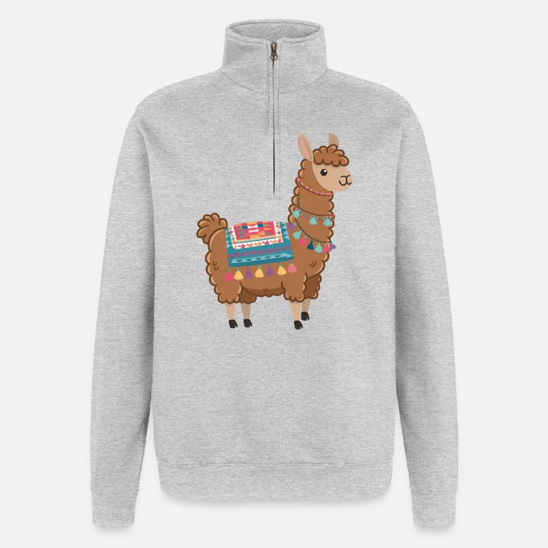 Buntes Boho-Lama - Quarter-Zip-Sweatshirt - Grau meliert