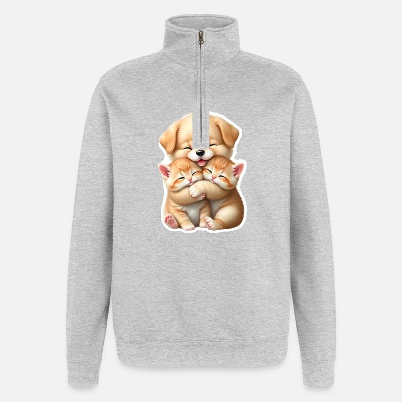 Little dog hugging two kittens - Quarter-Zip Sweatshirt - heather grey