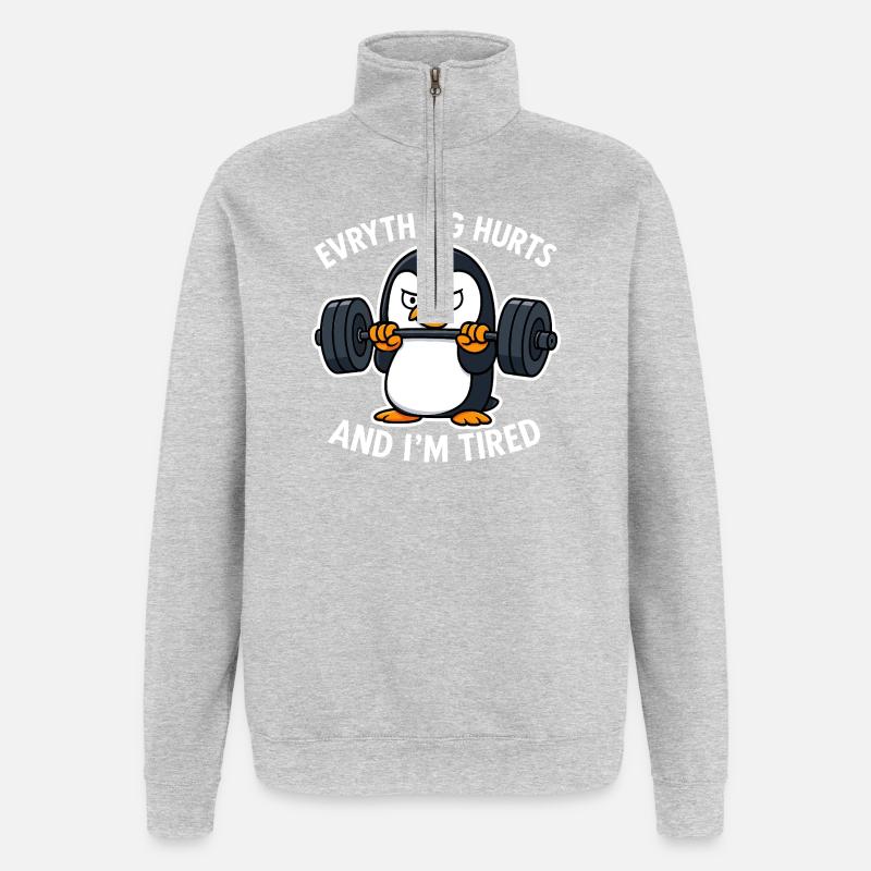 Mürrischer Pinguin stemmt Gewichte - Quarter-Zip-Sweatshirt - Grau meliert