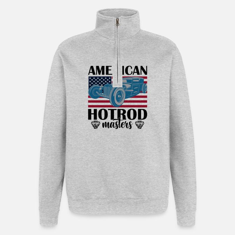 Amerikanisches Oldtimer mit Flaggenhintergrund - Quarter-Zip-Sweatshirt - Grau meliert
