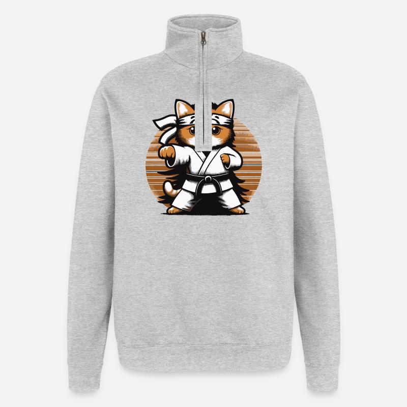 Kawaii Katze Karate Dojo Design - Quarter-Zip-Sweatshirt - Grau meliert