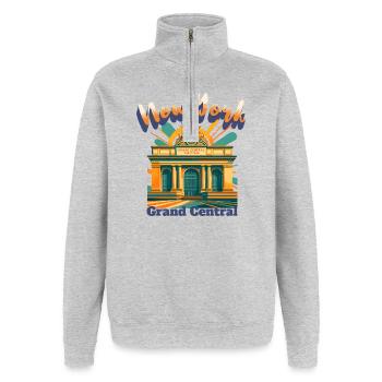 NEW YORK CITY - GRAND CENTRAL STATION Retro Shirt - Quarter-Zip-Sweatshirt - Grau meliert - Vorne - AI Model Female 172 light (172cm) & AI Model Male 178 dark (178cm)