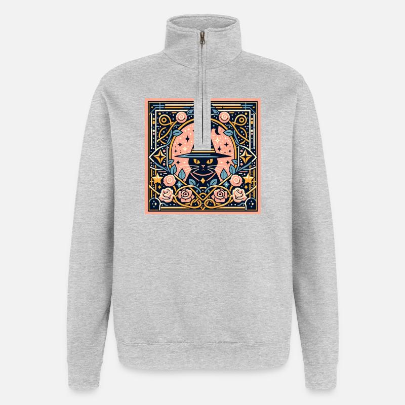 Chat  Sorcière  - Sweat à zip 1/4 - gris chiné