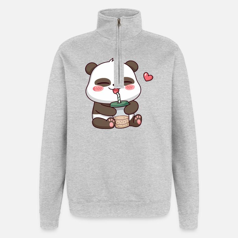 Adorable Panda Drinking Bubble Tea - Quarter-Zip Sweatshirt - heather grey