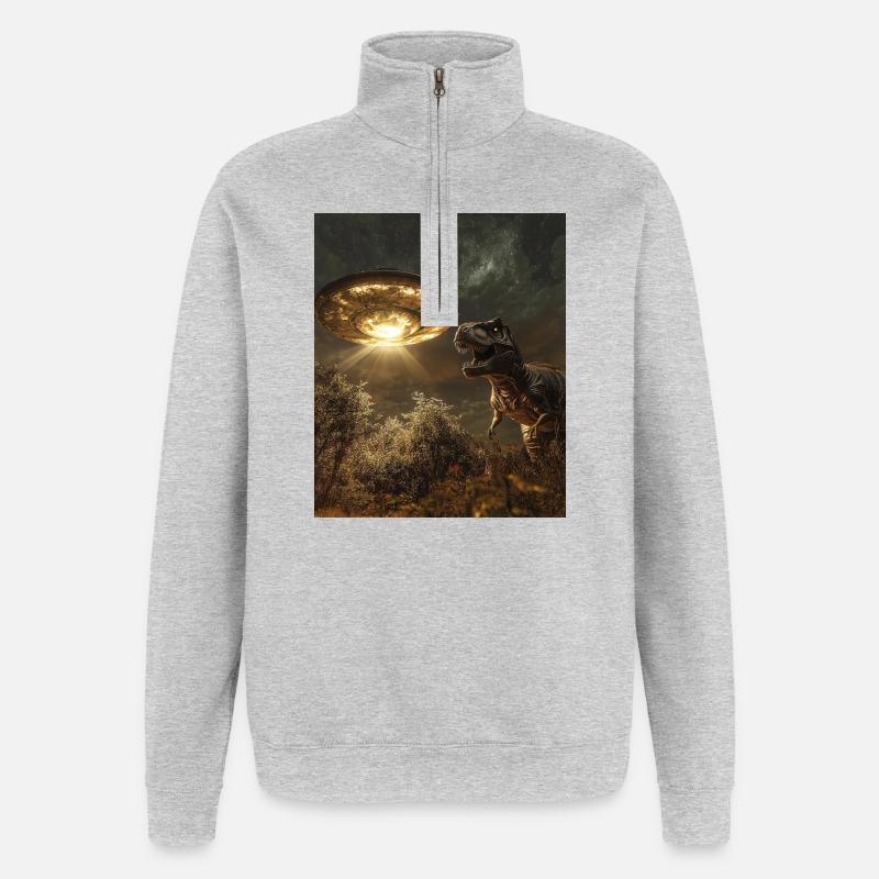 T-Rex selfie with UFO - Quarter-Zip Sweatshirt - heather grey