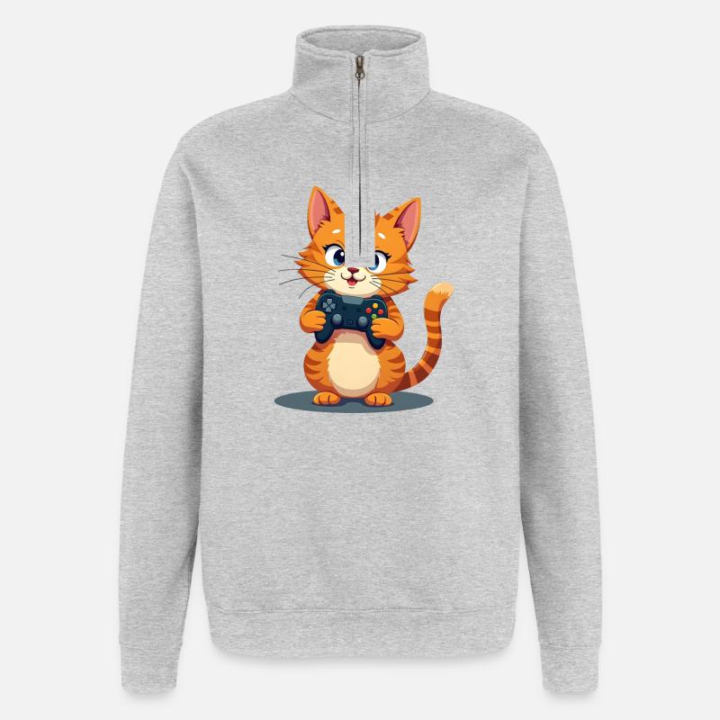 Kätzchen mit Spielecontroller - Quarter-Zip-Sweatshirt - Grau meliert