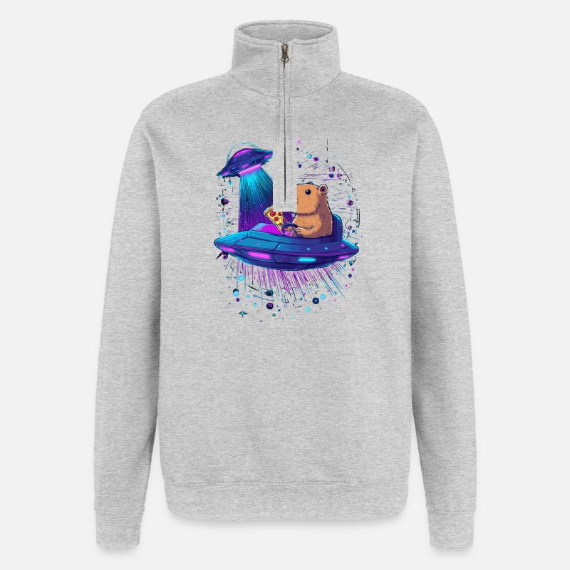 Capybara mit Pizza im UFO - Quarter-Zip-Sweatshirt - Grau meliert