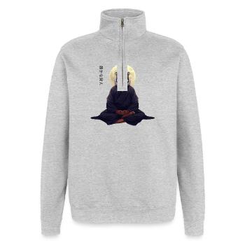 Tiger Monk – Sumi-e Zen Kunst Strength Within - Quarter-Zip-Sweatshirt - Grau meliert - Vorne - AI Model Female 172 light (172cm) & AI Model Male 178 dark (178cm)