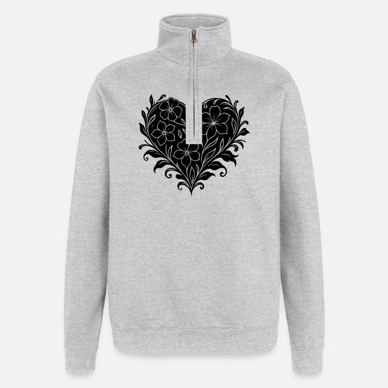 Plakatives Blumenherz, Blumenmuster mit Herz - Quarter-Zip-Sweatshirt - Grau meliert