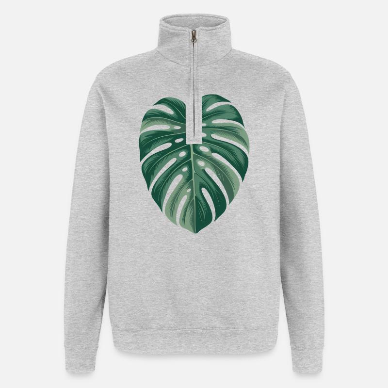 Illustration de feuille de Monstera tropicale - Sweat à zip 1/4 - gris chiné