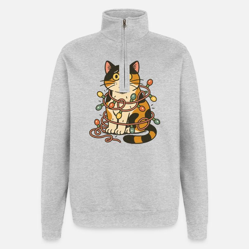 Whimsical Calico Cat with Festive Lights - Quarter-Zip Sweatshirt - heather grey