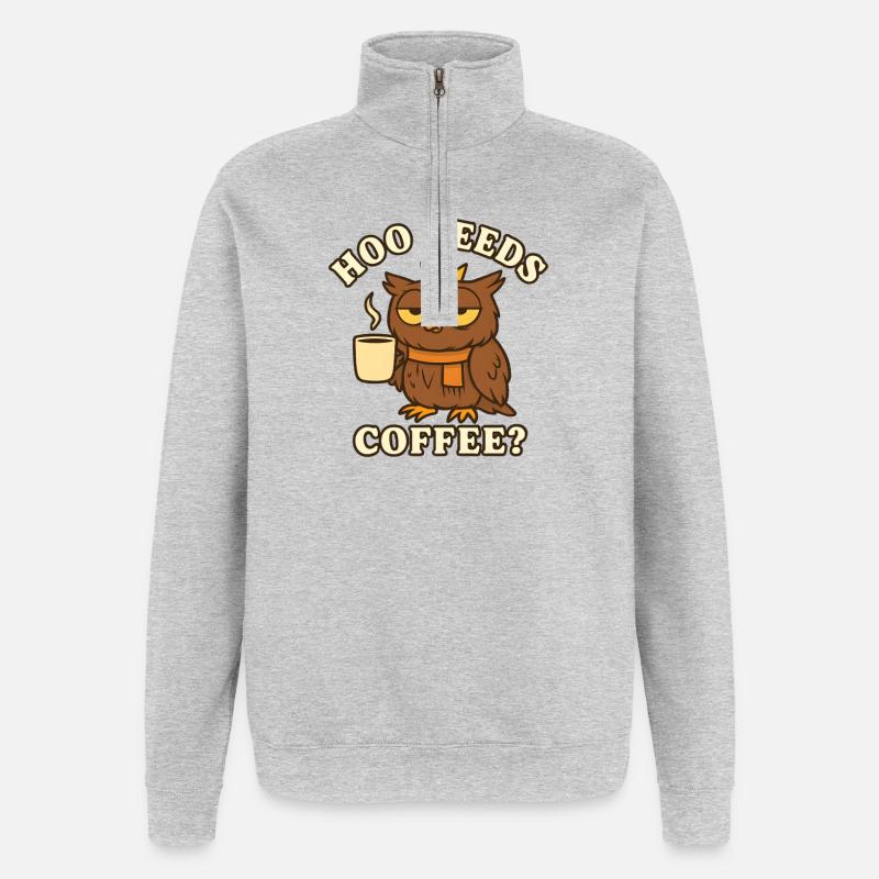  Hoo Needs Coffee? – Lustige Eule - Quarter-Zip-Sweatshirt - Grau meliert
