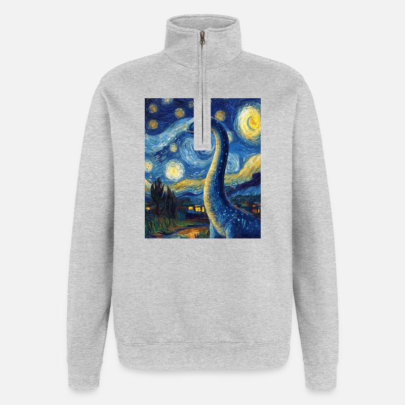 Brachiosaure Dino Style Van Gogh Étoilé - Sweat à zip 1/4 - gris chiné