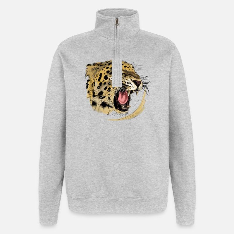 Wildes Raubtier-Design mit Leopardengesicht - Quarter-Zip-Sweatshirt - Grau meliert