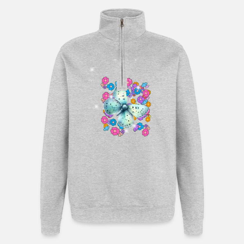 Fleurs papillon rétro années 60 - Sweat à zip 1/4 - gris chiné