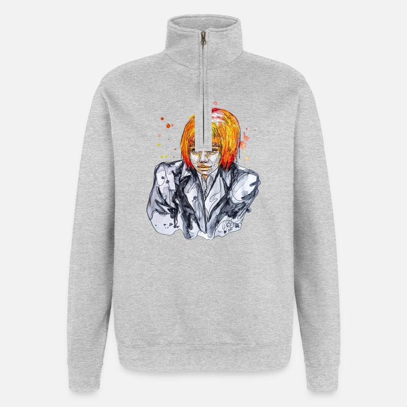 Illustration timide aquarelle carographique - Sweat à zip 1/4 - gris chiné
