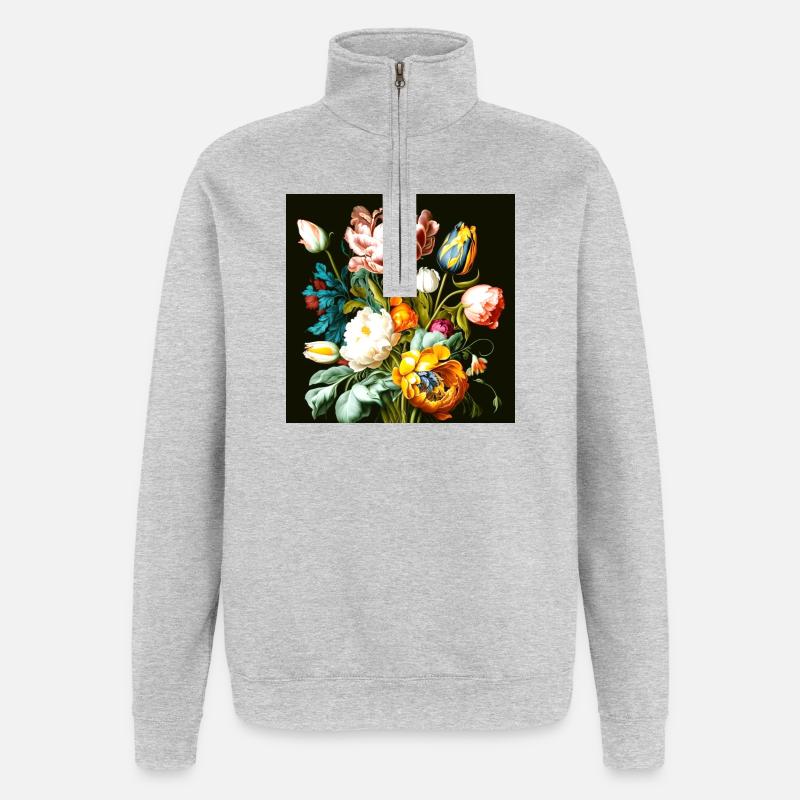 Composition florale texturée sur noir - Sweat à zip 1/4 - gris chiné
