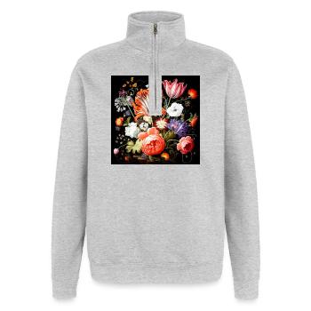Fantaisies fleuries style baroque flamand - Sweat à zip 1/4 - gris chiné - Devant - AI Model Female 172 light (172cm) & AI Model Male 178 dark (178cm)