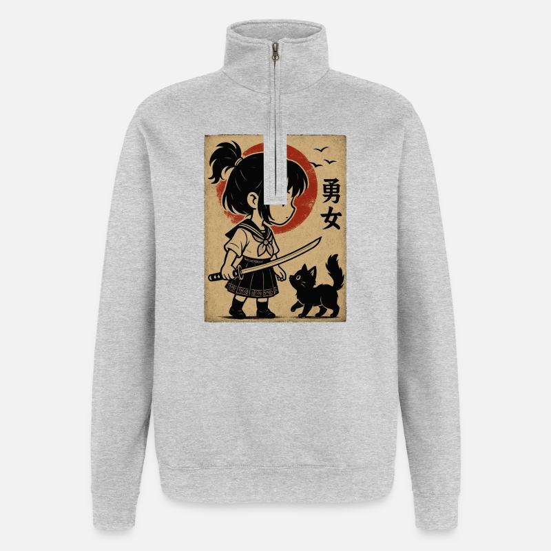 Fille courageuse avec katana et chat - Sweat à zip 1/4 - gris chiné