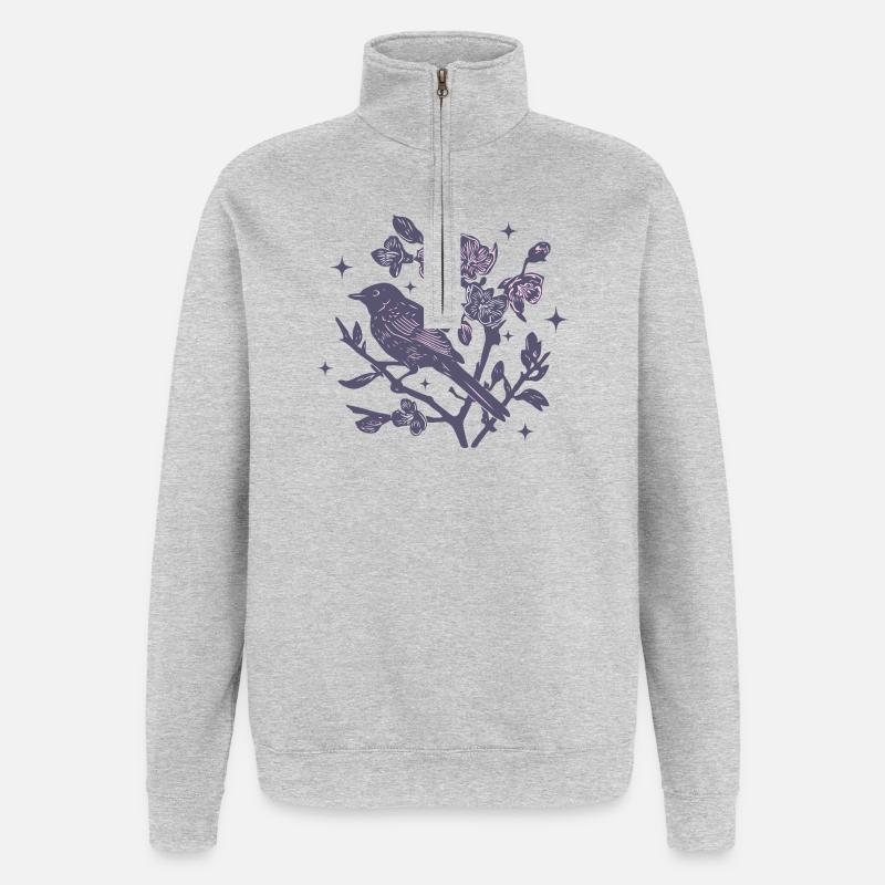 Oiseau floral nocturne sur branche - Sweat à zip 1/4 - gris chiné