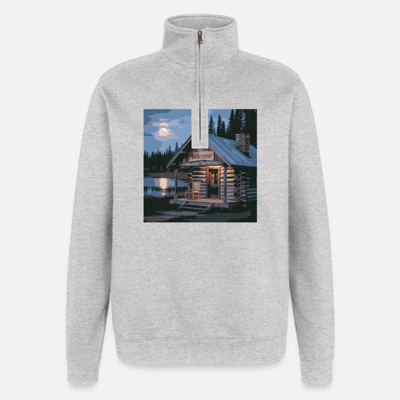 Rustikale Seehütte Nachtszene - Quarter-Zip-Sweatshirt - Grau meliert