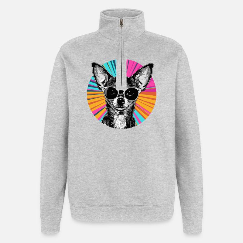 Chihuahua avec lunettes de soleil rétro - Sweat à zip 1/4 - gris chiné