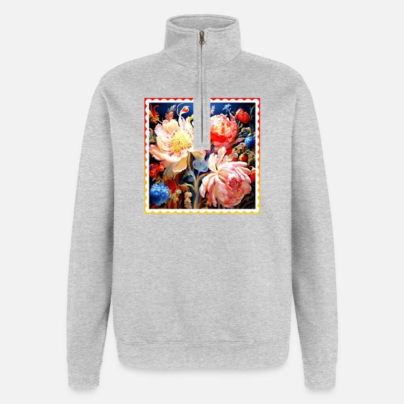 Lebendig Blumenkomposition auf dunklem Hintergrund - Quarter-Zip-Sweatshirt - Grau meliert