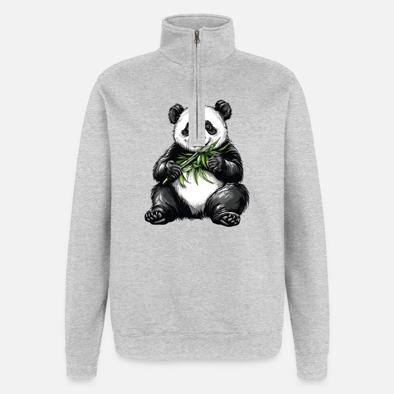 Ours panda mignon avec bambou - Sweat à zip 1/4 - gris chiné