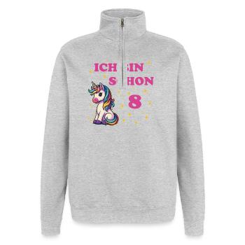 Anniversaire des enfants 8, Danse Drôle Licorne - Sweat à zip 1/4 - gris chiné - Devant - AI Model Female 172 light (172cm) & AI Model Male 178 dark (178cm)