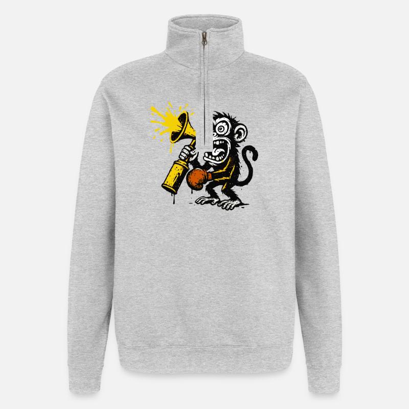 Ausdrucksstarker Affe mit Megafon - Quarter-Zip-Sweatshirt - Grau meliert