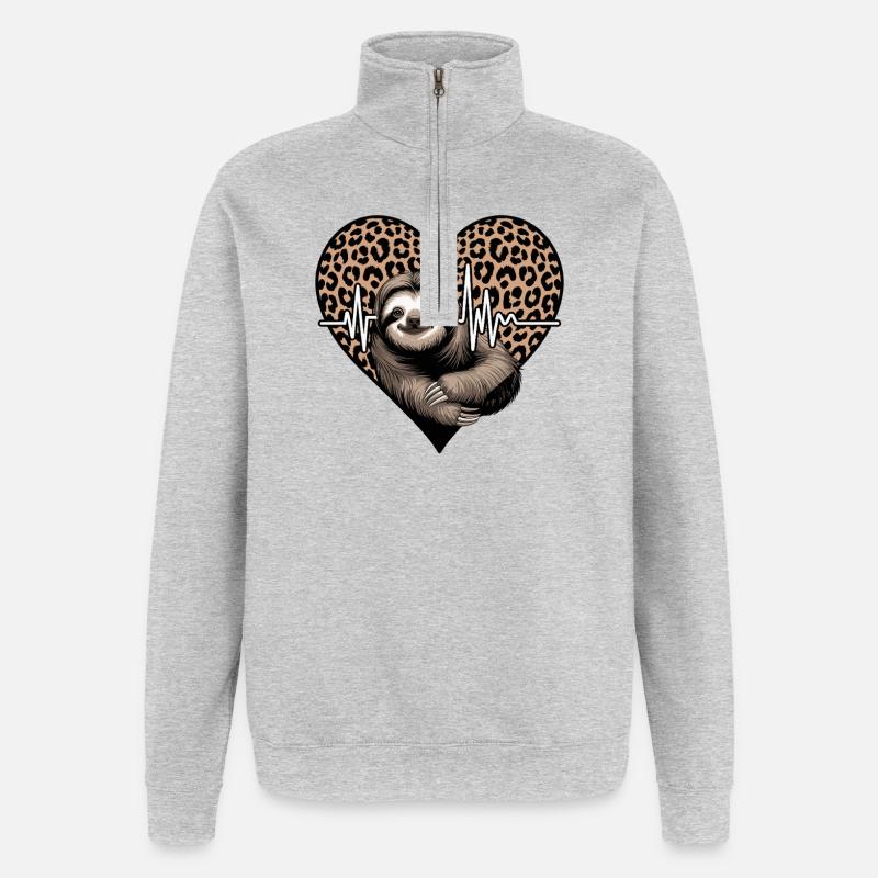 Casual Sloth Heart Leopard Pattern - Quarter-Zip Sweatshirt - heather grey