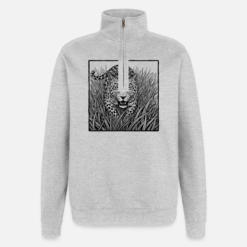 Léopard dans l’herbe - Sweat à zip 1/4 - gris chiné