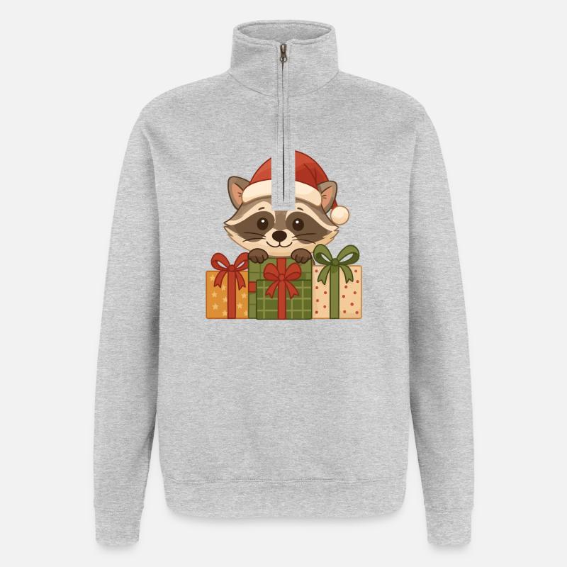 Weihnachts Waschbär mit Geschenken - Quarter-Zip-Sweatshirt - Grau meliert