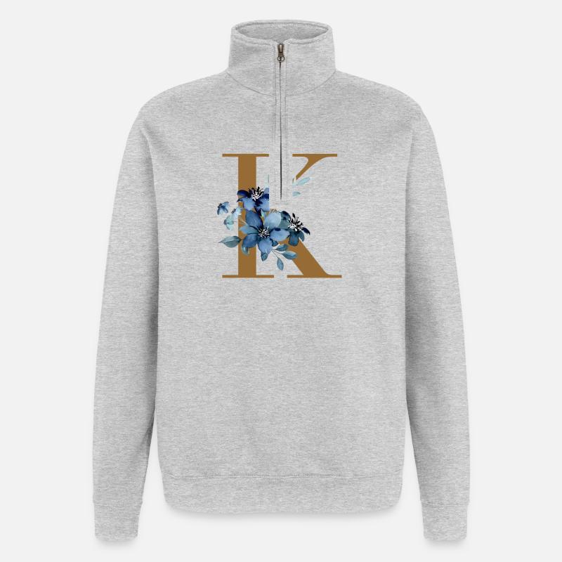 K Monogramme à fleurs bleues - Sweat à zip 1/4 - gris chiné