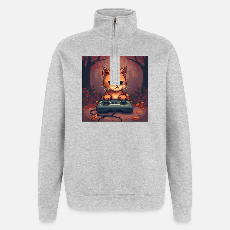 Cozy Pixel Cat Controller - Quarter-Zip-Sweatshirt - Grau meliert