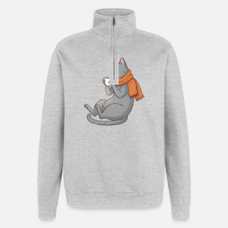Chat de café - Sweat à zip 1/4 - gris chiné