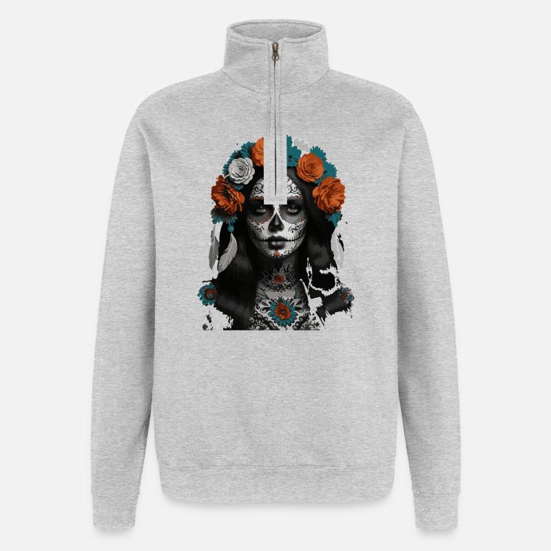 Zuckerschädel-Blütenkrone - Quarter-Zip-Sweatshirt - Grau meliert